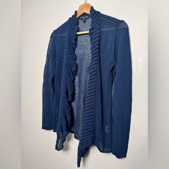 Eileen Fisher Navy Blue Linen Blend Cardigan Sweater Small S knitted ruffles - Picture 10 of 14